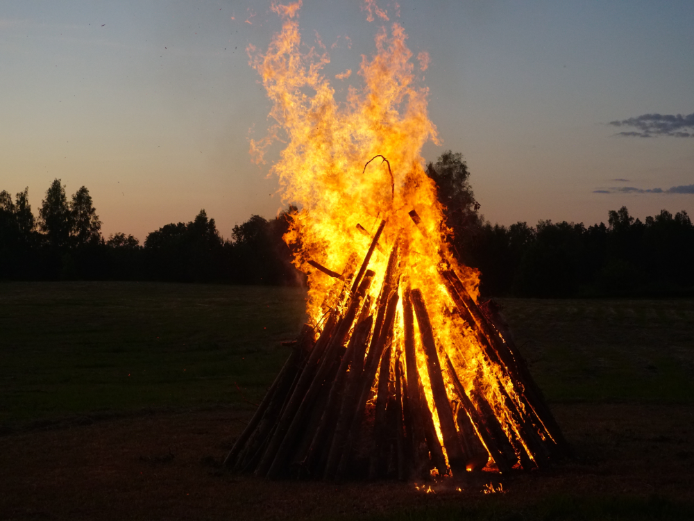 Un grand feu de camp fait de bûches brûle vivement sur une prairie au crépuscule, les arbres se détachent sur le ciel du soir – le décor parfait pour votre carte de valeur estivale.
